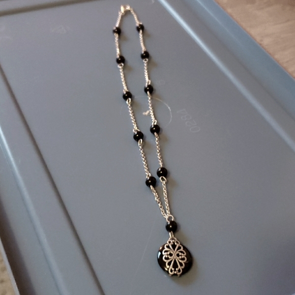 Sterling Silver & Onyx Bead Station Necklace - Picture 2 of 3